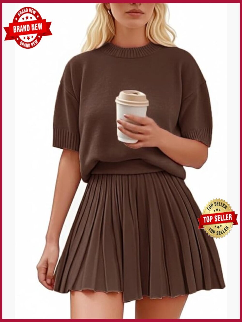 Short Sleeve Knit Sweater and Pleated Mini Skirt Two Piece Set